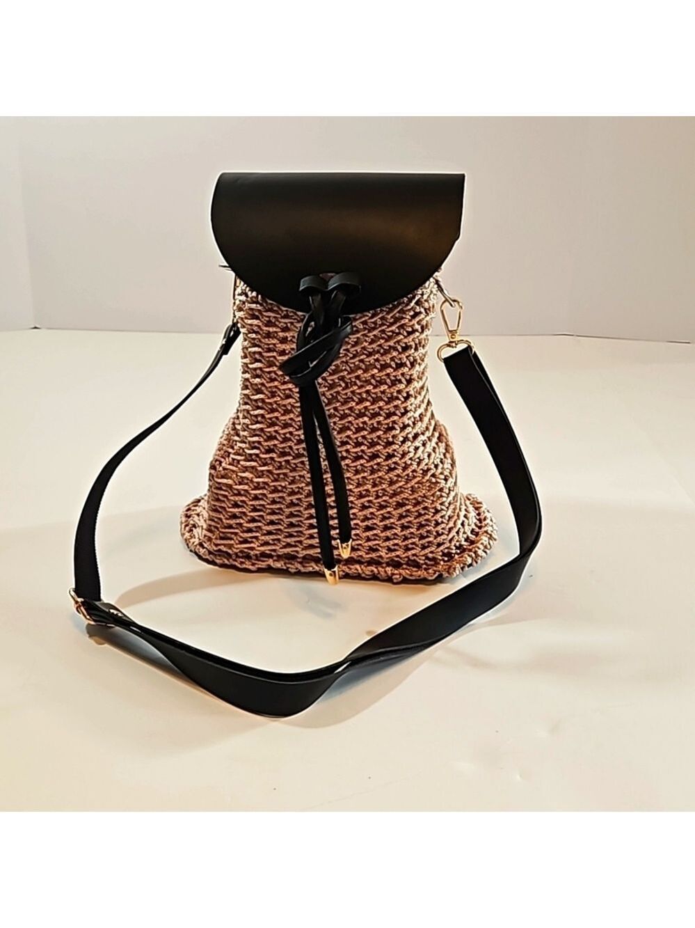 Hand Crafted Crochet Bucket Bag Crossbody Handmade Beige Braided Rope Nylon 9"